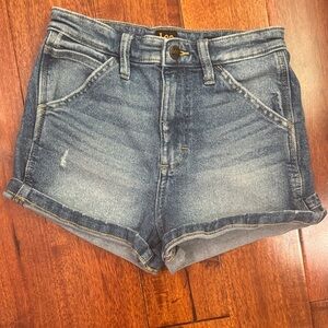 Vintage Lee Women's Distressed Rolled-Hem Denim Shorts in Light Blue
